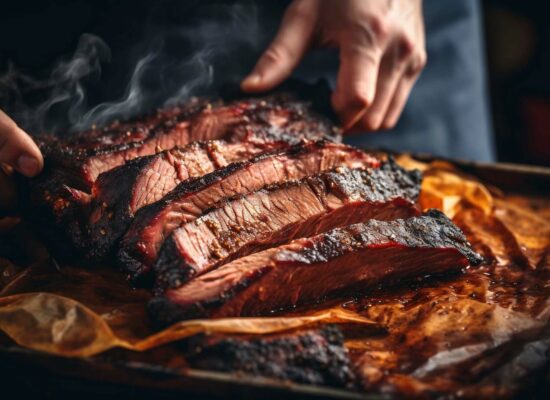 A person's hands hold a cutting board with slices of smoked brisket from WG-Provisions in Iowa. The meat is dark and charred on the outside with a juicy, pink interior. Steam rises from the brisket, showcasing its freshness. The background is blurred and dimly lit.