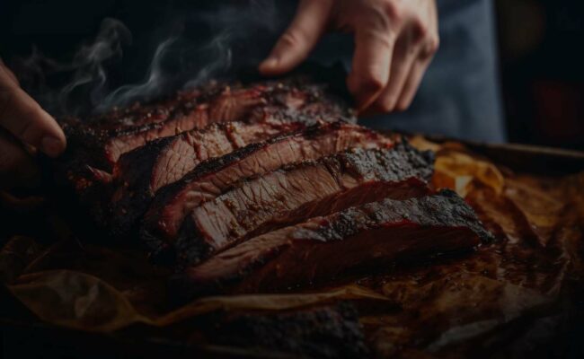 A person slices through a perfectly cooked, juicy brisket. The rich, dark bark of the brisket contrasts with the tender, pink interior. Steam rises from the meat, emphasizing its freshness and warmth. The scene suggests a delicious, smoky flavor.