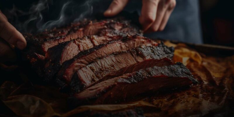 A person slices through a perfectly cooked, juicy brisket. The rich, dark bark of the brisket contrasts with the tender, pink interior. Steam rises from the meat, emphasizing its freshness and warmth. The scene suggests a delicious, smoky flavor.