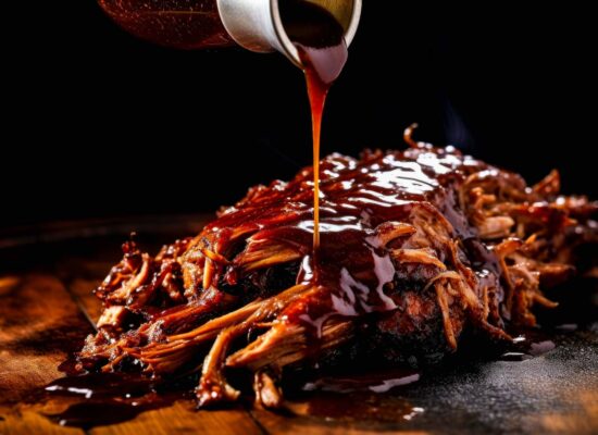 A close-up of a wooden cutting board with a pile of pulled pork covered in barbecue sauce. A metal container pours more sauce over the meat, creating a rich, glossy coating. The dark background highlights the tender texture and rich color of this WG-Provisions dish straight from Iowa.