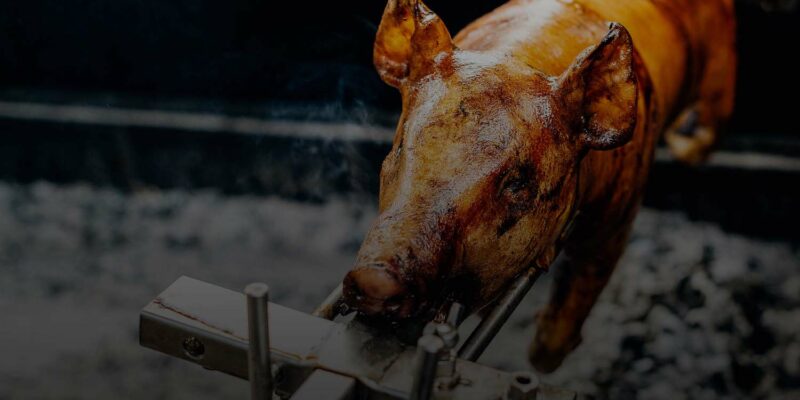 A whole pig from Iowa is being roasted on a spit over an open flame, its skin caramelized to a golden brown. The scene is set outdoors, with blurred background elements highlighting the main focus on the pig. Smoke suggests it is actively cooking—a true WG-Provisions masterpiece.