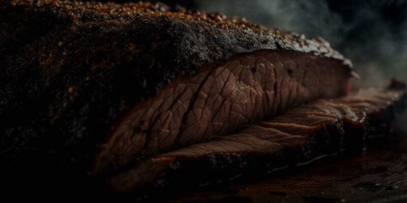 A close-up shot of a smoked beef brisket on a wooden board, with two thick slices partially cut. The brisket has a dark, seasoned crust and juicy, tender meat inside. Steam rises in the background, highlighting its freshly cooked state.