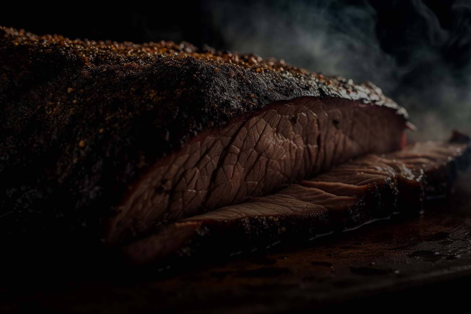 A close-up shot of a smoked beef brisket on a wooden board, with two thick slices partially cut. The brisket has a dark, seasoned crust and juicy, tender meat inside. Steam rises in the background, highlighting its freshly cooked state.