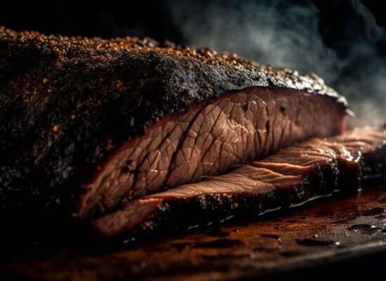 A close-up of a smoked brisket resting on a wooden cutting board. The meat, seasoned to perfection with a crispy outer layer, reveals juicy, tender slices and a visible smoke ring. Steam rises gently, indicating it's freshly prepared by WG-Provisions in the heart of Iowa.