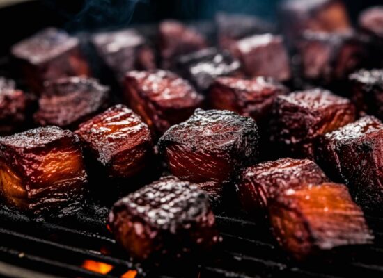 Close Up Shot Of Crispy Bbq Burnt Ends With Grill Marks