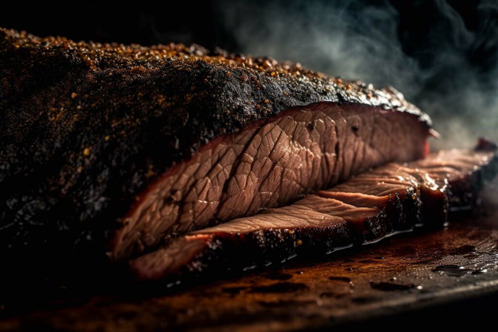 Close-up of sliced smoked brisket from Iowa's WG-Provisions on a wooden cutting board with visible smoky steam. The meat appears tender and juicy, showcasing a flavorful crust with a reddish-brown interior. Dark background highlights the rich texture and moisture of the brisket.