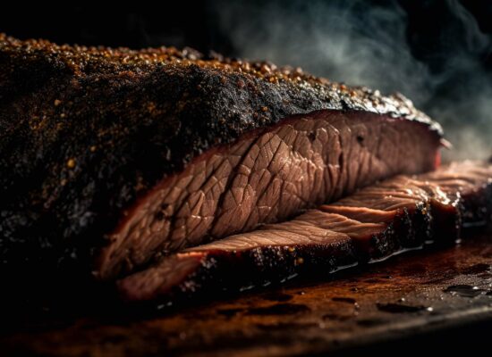 Close-up of sliced smoked brisket from Iowa's WG-Provisions on a wooden cutting board with visible smoky steam. The meat appears tender and juicy, showcasing a flavorful crust with a reddish-brown interior. Dark background highlights the rich texture and moisture of the brisket.